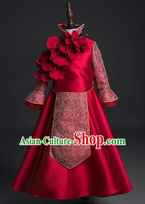 Traditional Chinese Girl Tang Suit Wine Red Dress Compere Stage Performance Costume for Kids