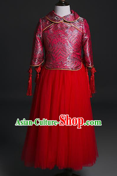 Traditional Chinese Girl Tang Suit Red Veil Dress Compere Stage Performance Costume for Kids