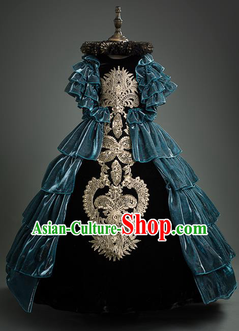 Top Children Cosplay Queen Embroidered Blue Full Dress Compere Catwalks Stage Show Dance Costume for Kids