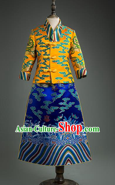 Traditional Chinese Children Qing Dynasty Golden Mandarin Jacket and Skirt Classical Dance Stage Performance Costume for Kids