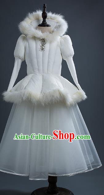 Top Children Cosplay Queen Winter White Full Dress Compere Catwalks Stage Show Dance Costume for Kids