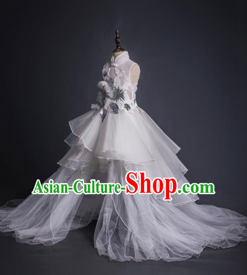 Top Children Cosplay Queen White Veil Trailing Full Dress Compere Catwalks Stage Show Dance Costume for Kids