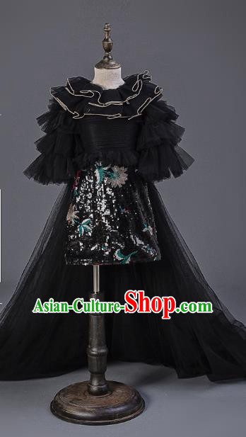 Top Children Cosplay Princess Black Veil Trailing Full Dress Compere Catwalks Stage Show Dance Costume for Kids