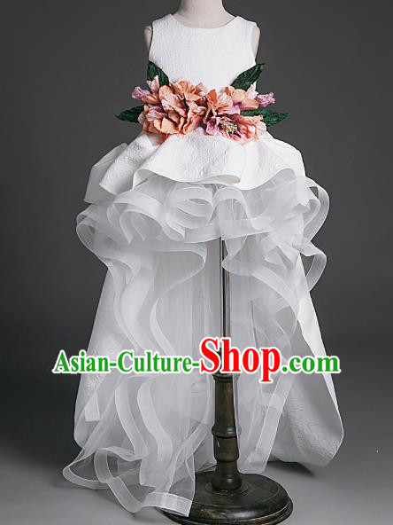 Top Children Modern Dance White Trailing Dress Compere Catwalks Stage Show Costume for Kids