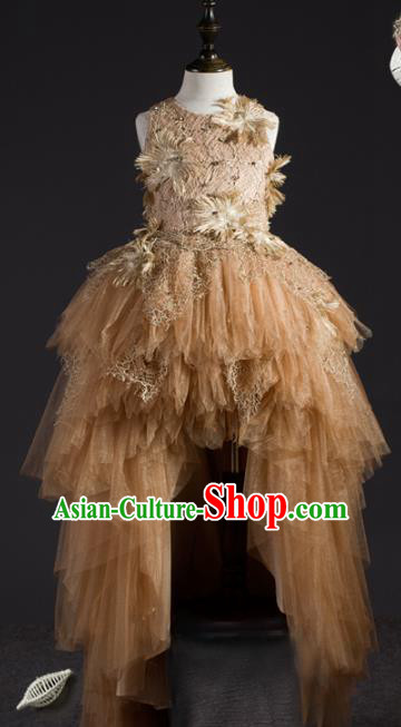 Top Children Modern Dance Light Brown Veil Short Dress Compere Catwalks Stage Show Costume for Kids