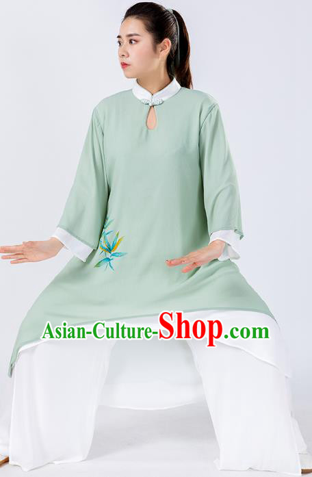 Traditional Chinese Hand Painting Bamboo Green Tai Chi Suit Martial Arts Stage Performance Costumes for Women