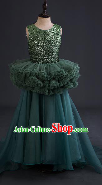 Top Children Cosplay Princess Deep Green Full Dress Compere Catwalks Stage Show Dance Costume for Kids