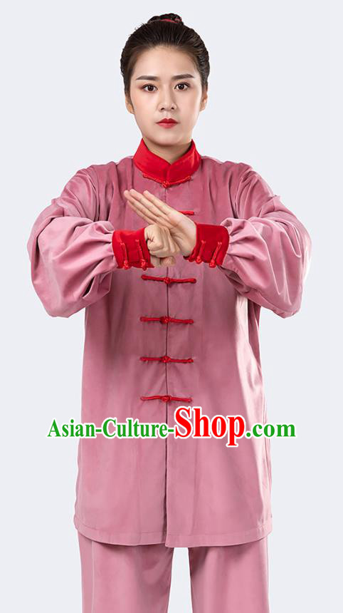 Traditional Chinese Tai Chi Competition Pink Velvet Outfits Martial Arts Stage Performance Costumes for Women