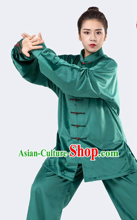 Traditional Chinese Tai Chi Competition Green Velvet Outfits Martial Arts Stage Performance Costumes for Women