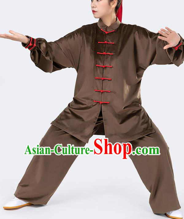 Traditional Chinese Tai Chi Competition Deep Brown Velvet Outfits Martial Arts Stage Performance Costumes for Women