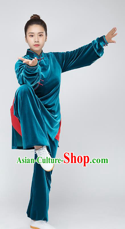 Top Tai Chi Kung Fu Blue Pleuche Outfits Chinese Traditional Martial Arts Stage Performance Costumes for Women