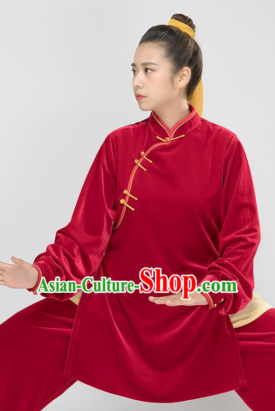 Top Tai Chi Kung Fu Red Pleuche Outfits Chinese Traditional Martial Arts Stage Performance Costumes for Women