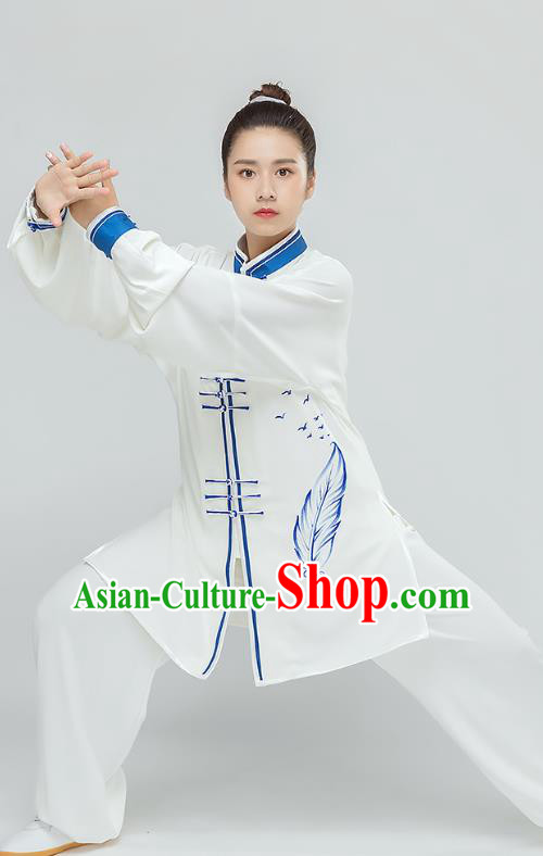 Top Tai Chi Kung Fu Printing Feather White Outfits Chinese Traditional Martial Arts Stage Performance Costumes for Women