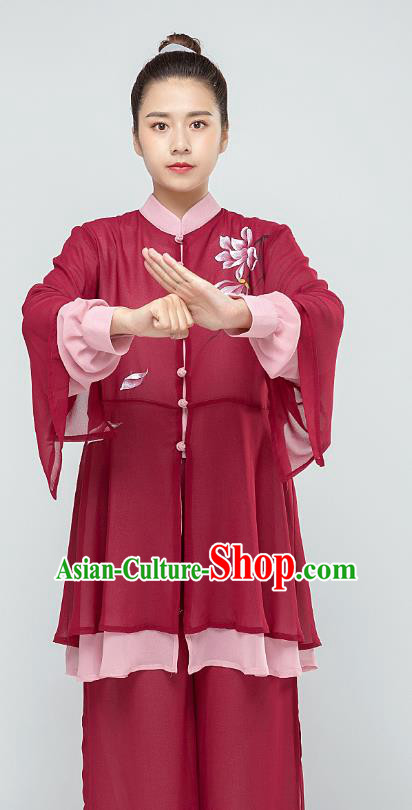 Top Tai Chi Kung Fu Hand Painting Mangnolia Wine Red Outfits Chinese Traditional Martial Arts Stage Performance Costumes for Women