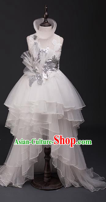 Top Children Cosplay Princess White Trailing Full Dress Compere Catwalks Stage Show Dance Costume for Kids