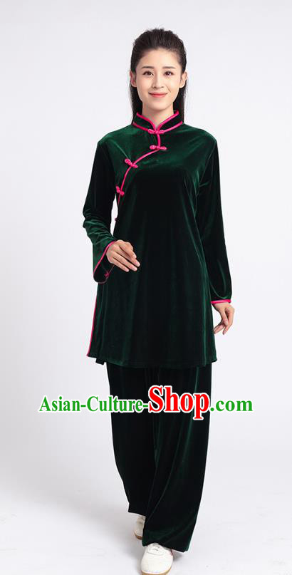 Top Tai Chi Kung Fu Competition Deep Green Pleuche Outfits Chinese Traditional Martial Arts Costumes for Women