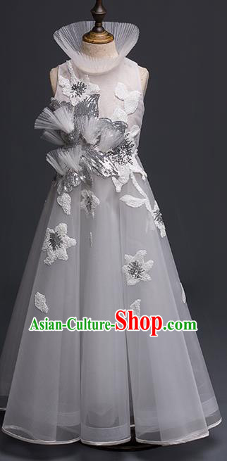 Top Children Cosplay Princess Grey Veil Long Dress Compere Catwalks Stage Show Dance Costume for Kids