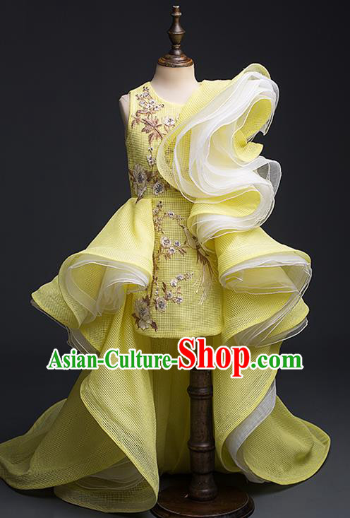 Top Children Modern Dance Yellow Trailing Dress Compere Catwalks Stage Show Costume for Kids