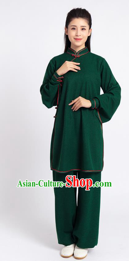 Top Chinese Tai Chi Kung Fu Deep Green Outfits Traditional Martial Arts Competition Costumes for Women