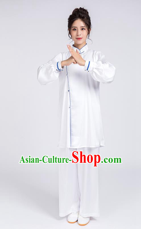 Top Chinese Martial Arts Blue Edge Outfits Traditional Tai Chi Kung Fu Training Costumes for Women