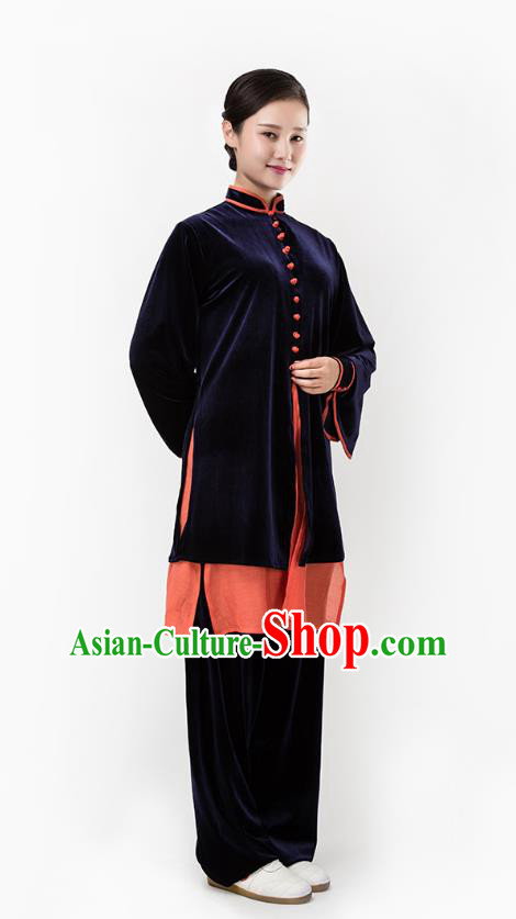 Top Chinese Martial Arts Navy Pleuche Outfits Traditional Tai Chi Kung Fu Training Costumes for Women