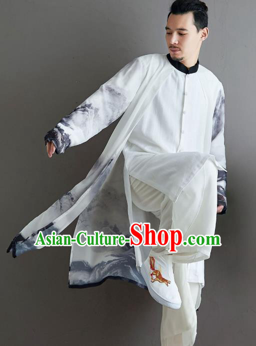 Top Chinese Ink Painting Chiffon Tang Suit Outfits Traditional Tai Chi Kung Fu Costumes for Men