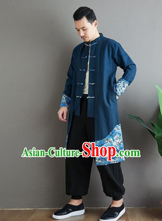 Top Chinese Tang Suit Navy Flax Coat Traditional Tai Chi Kung Fu Costume for Men