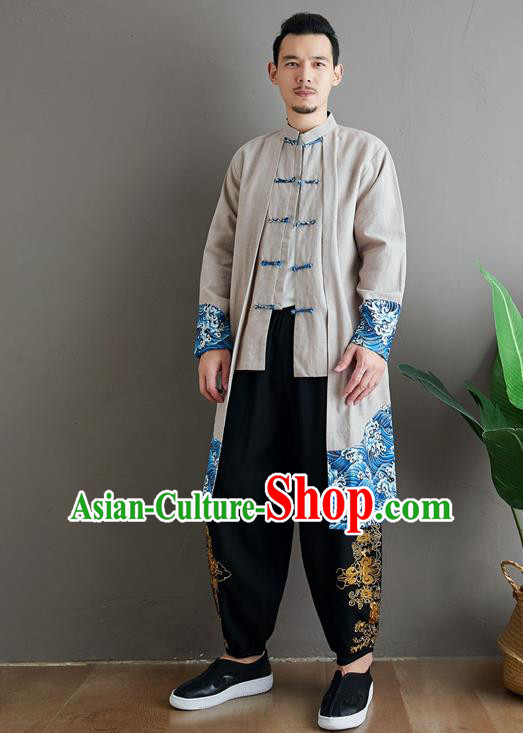 Top Chinese Tang Suit Beige Flax Coat Traditional Tai Chi Kung Fu Costume for Men