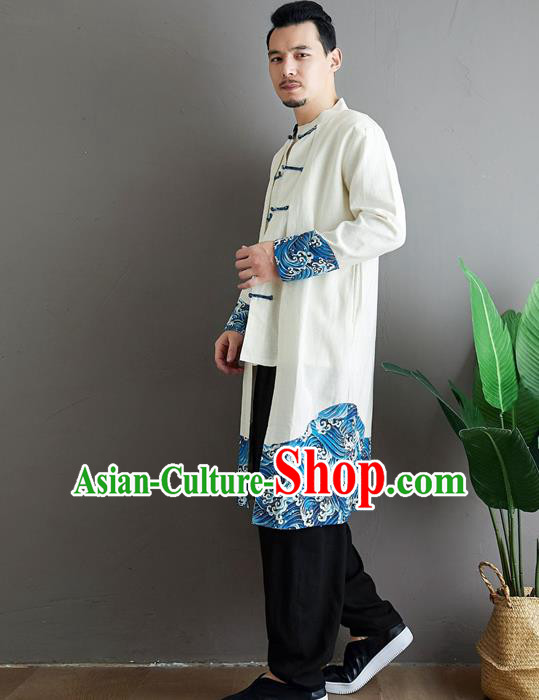 Top Chinese Tang Suit White Flax Coat Traditional Tai Chi Kung Fu Costume for Men