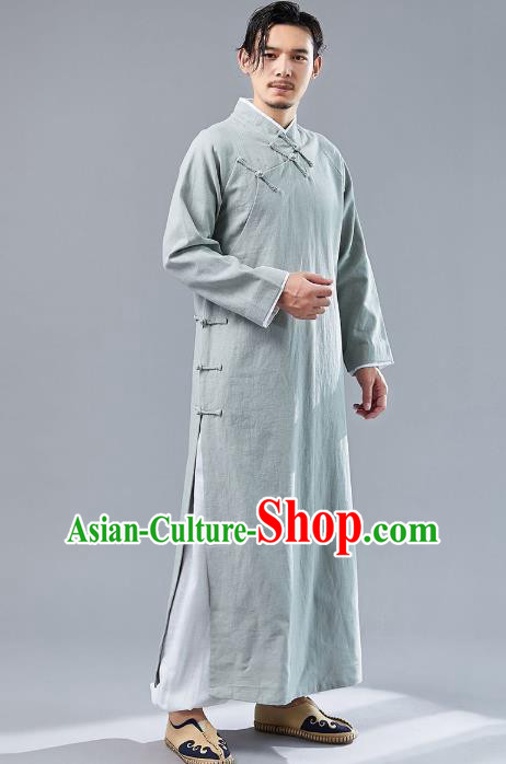 Top Chinese Tang Suit Light Green Flax Robe Traditional Republic of China Kung Fu Costumes for Men