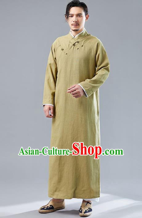 Top Chinese Tang Suit Ginger Flax Robe Traditional Republic of China Kung Fu Costumes for Men