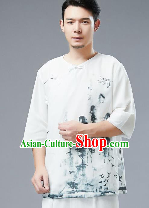 Chinese Tang Suit Ink Painting Chiffon Shirt Traditional Tai Chi Kung Fu Upper Outer Garment Costume for Men