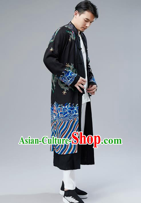 Top Chinese Tang Suit Printing Dragon Black Gown Traditional Republic of China Kung Fu Overcoat Costumes for Men