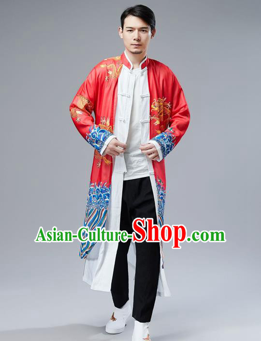 Top Chinese Tang Suit Printing Dragon Red Gown Traditional Republic of China Kung Fu Overcoat Costumes for Men