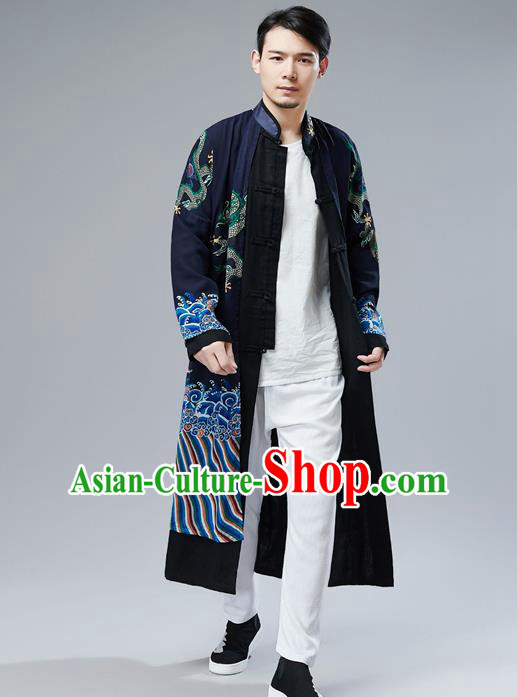 Top Chinese Tang Suit Printing Dragon Navy Gown Traditional Republic of China Kung Fu Overcoat Costumes for Men