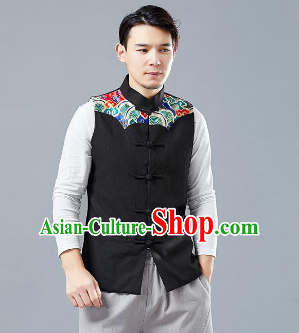 Chinese Tang Suit Printing Black Vest Traditional Tai Chi Kung Fu Waistcoat Upper Outer Garment Costume for Men