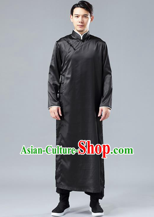 Top Chinese Tang Suit Black Silk Robe Traditional Republic of China Kung Fu Gown Costumes for Men