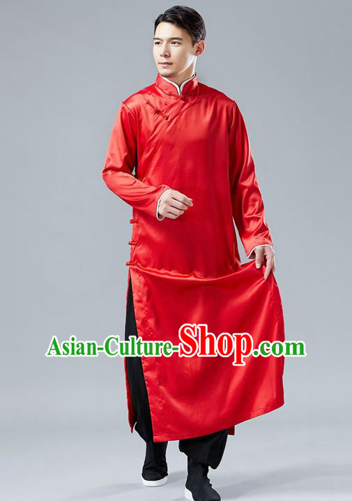 Top Chinese Tang Suit Red Silk Robe Traditional Republic of China Kung Fu Gown Costumes for Men