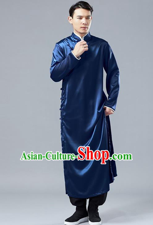 Top Chinese Tang Suit Deep Blue Silk Robe Traditional Republic of China Kung Fu Gown Costumes for Men