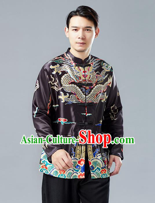 Top Chinese Tang Suit Printing Black Coat Traditional Tai Chi Kung Fu Overcoat Costume for Men