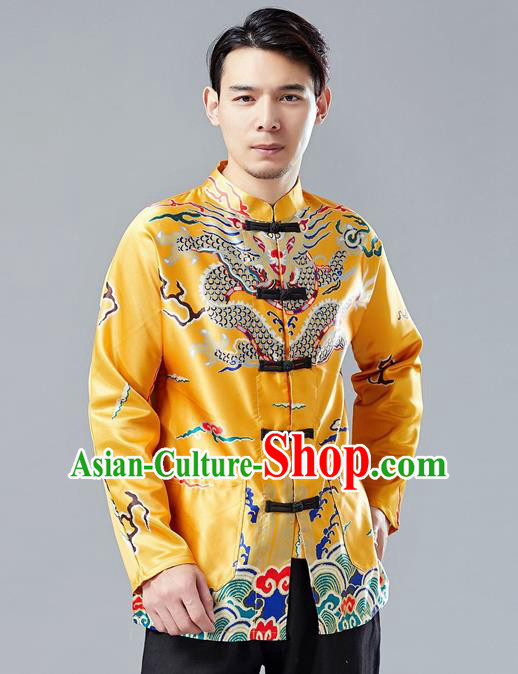 Top Chinese Tang Suit Printing Yellow Coat Traditional Tai Chi Kung Fu Overcoat Costume for Men