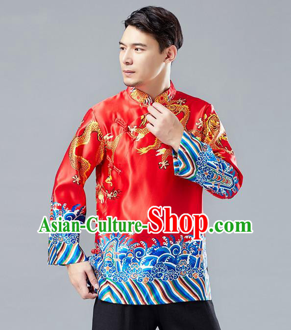 Top Chinese Tang Suit Printing Dragon Red Jacket Traditional Tai Chi Kung Fu Overcoat Costume for Men