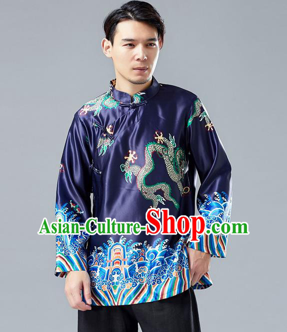Top Chinese Tang Suit Printing Dragon Navy Jacket Traditional Tai Chi Kung Fu Overcoat Costume for Men