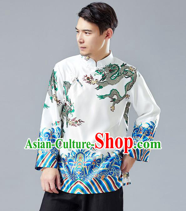 Top Chinese Tang Suit Printing Dragon White Jacket Traditional Tai Chi Kung Fu Overcoat Costume for Men