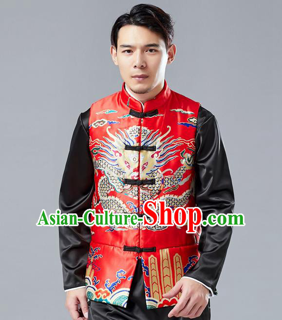 Chinese Tang Suit Printing Dragon Red Cotton Padded Vest Traditional Tai Chi Waistcoat Upper Outer Garment Costume for Men