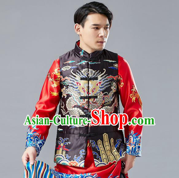 Chinese Tang Suit Printing Dragon Black Cotton Padded Vest Traditional Tai Chi Waistcoat Upper Outer Garment Costume for Men