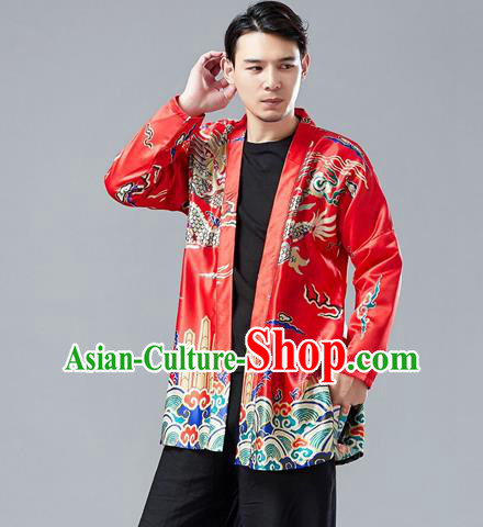 Top Chinese Tang Suit Printing Dragon Red Cardigan Traditional Tai Chi Kung Fu Jacket Costume for Men