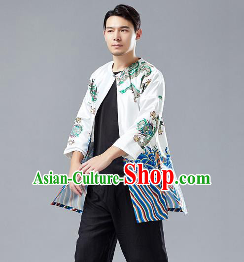 Top Chinese Tang Suit Printing Dragon White Satin Cardigan Traditional Tai Chi Kung Fu Jacket Costume for Men