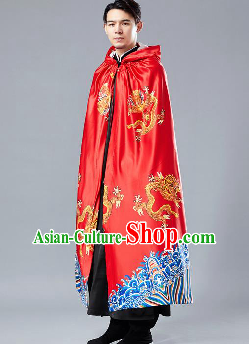 Top Chinese Tang Suit Printing Dragon Red Cape Traditional Tai Chi Kung Fu Cloak Costume for Men