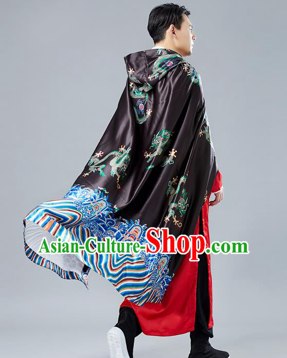 Top Chinese Tang Suit Printing Dragon Black Cape Traditional Tai Chi Kung Fu Cloak Costume for Men